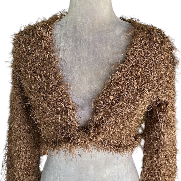 RARE Lianne Barnes Vintage Tan Fuzzy Feathery Tie Front Crop Cardigan Bolero XS - Picture 2 of 12